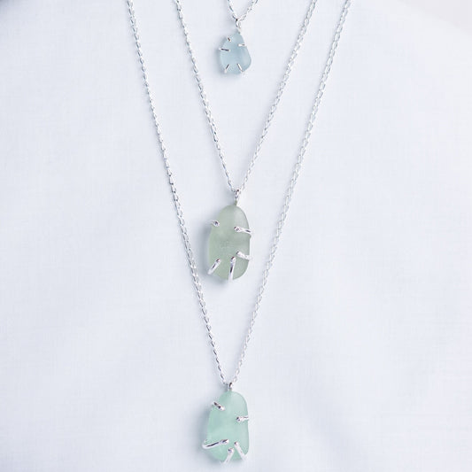 sterling silver organic claw set sea glass necklace