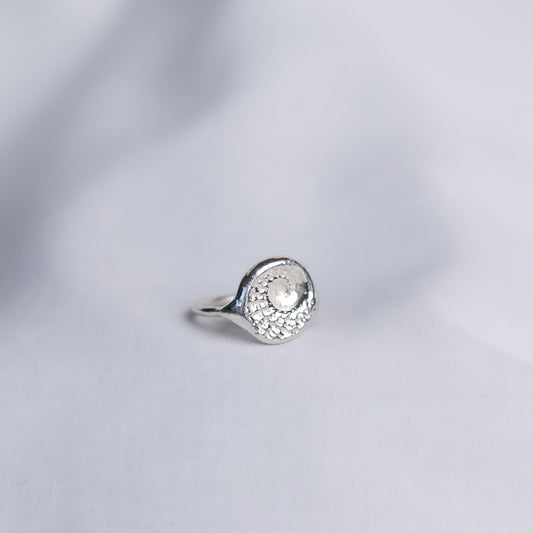 Silver ring with a natural abalone spiral design on a light grey background